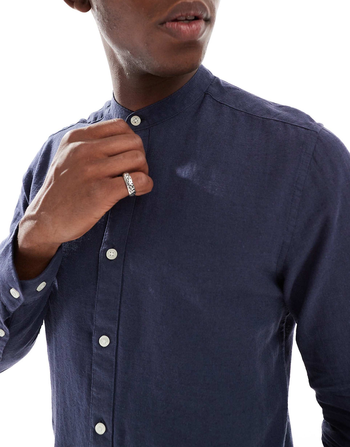 ONLY & SONS Original Men linen mix grandad collar shirt in light navy