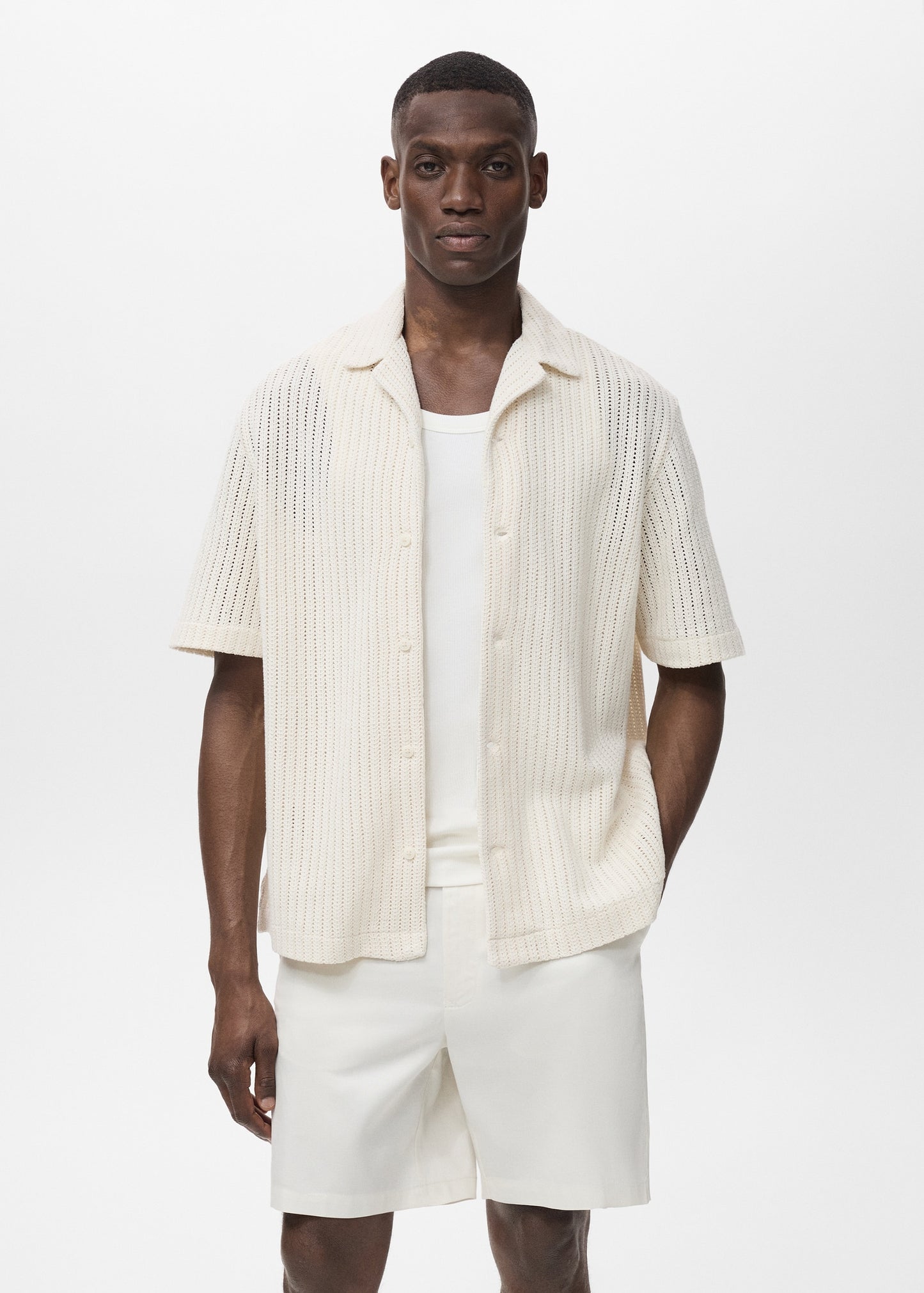 Mango Original Men RIBBED KNIT Polo-SHIRT REGULAR OPENWORK COTTON SHIRT تلبيسة واسع