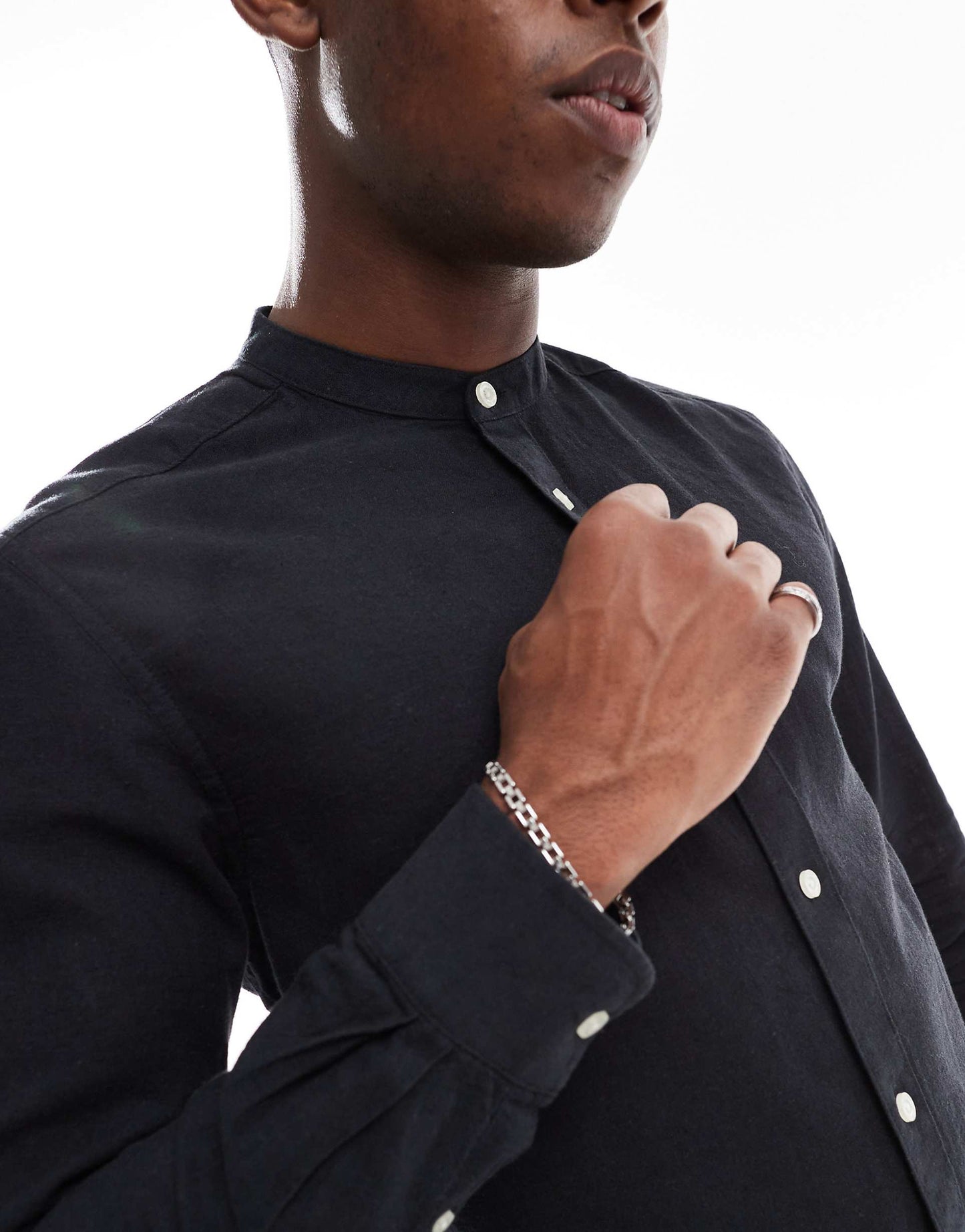 ONLY & SONS Original Men linen mix grandad collar shirt in Black
