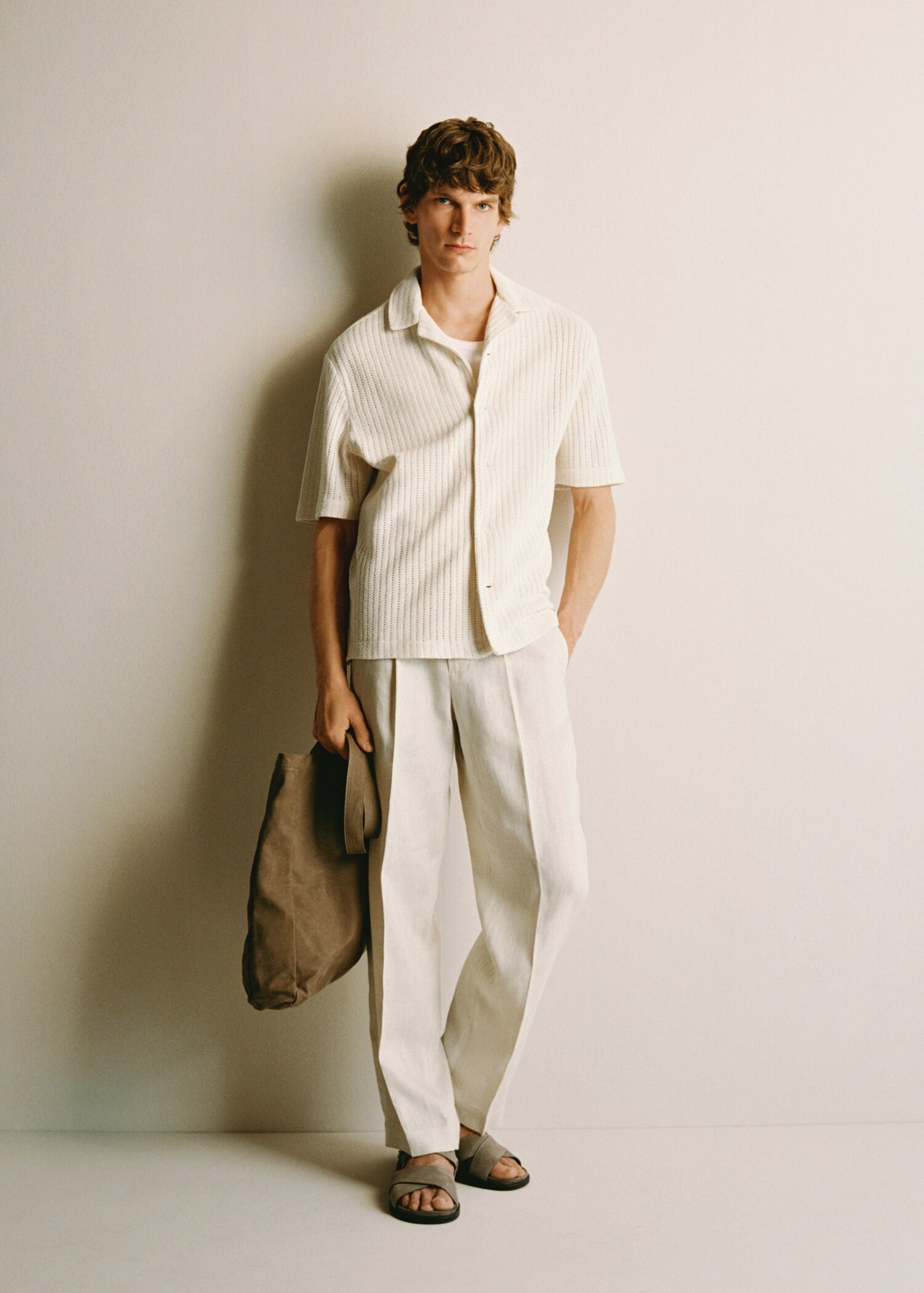 Mango Original Men RIBBED KNIT Polo-SHIRT REGULAR OPENWORK COTTON SHIRT تلبيسة واسع