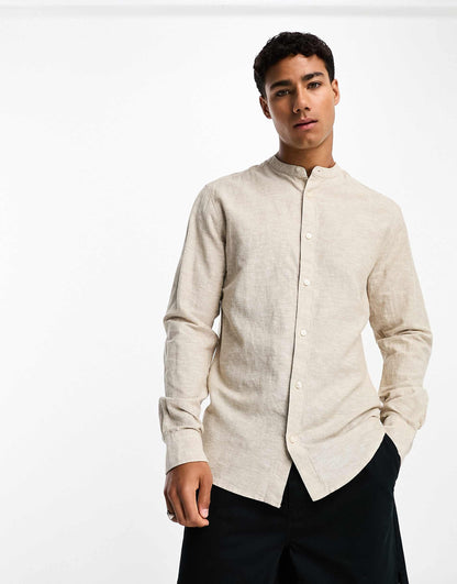 ONLY & SONS Original Men linen mix grandad collar shirt In Dark Beige