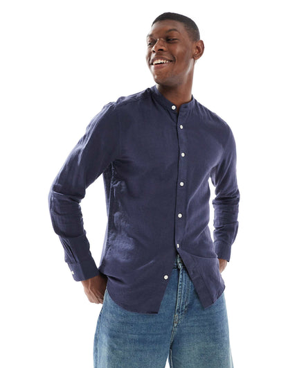 ONLY & SONS Original Men linen mix grandad collar shirt in light navy