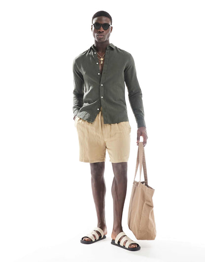 ONLY & SONS Original Men linen mix long sleeve shirt in dark green
