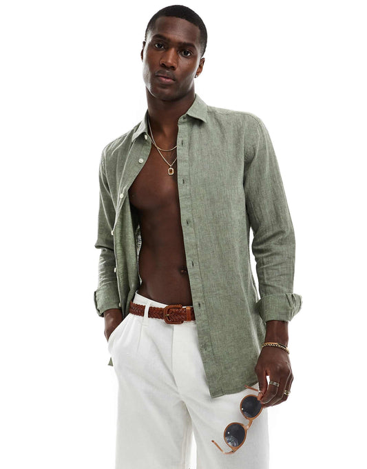 ONLY & SONS Original Men linen mix long sleeve shirt in green