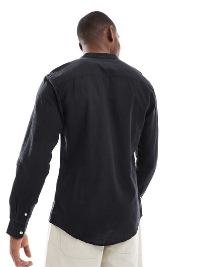ONLY & SONS Original Men linen mix grandad collar shirt in Black