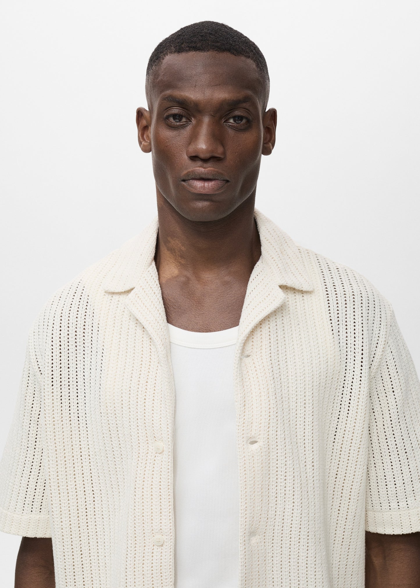 Mango Original Men RIBBED KNIT Polo-SHIRT REGULAR OPENWORK COTTON SHIRT تلبيسة واسع