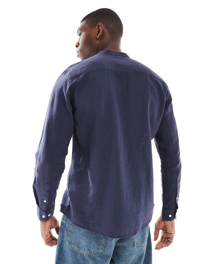 ONLY & SONS Original Men linen mix grandad collar shirt in light navy