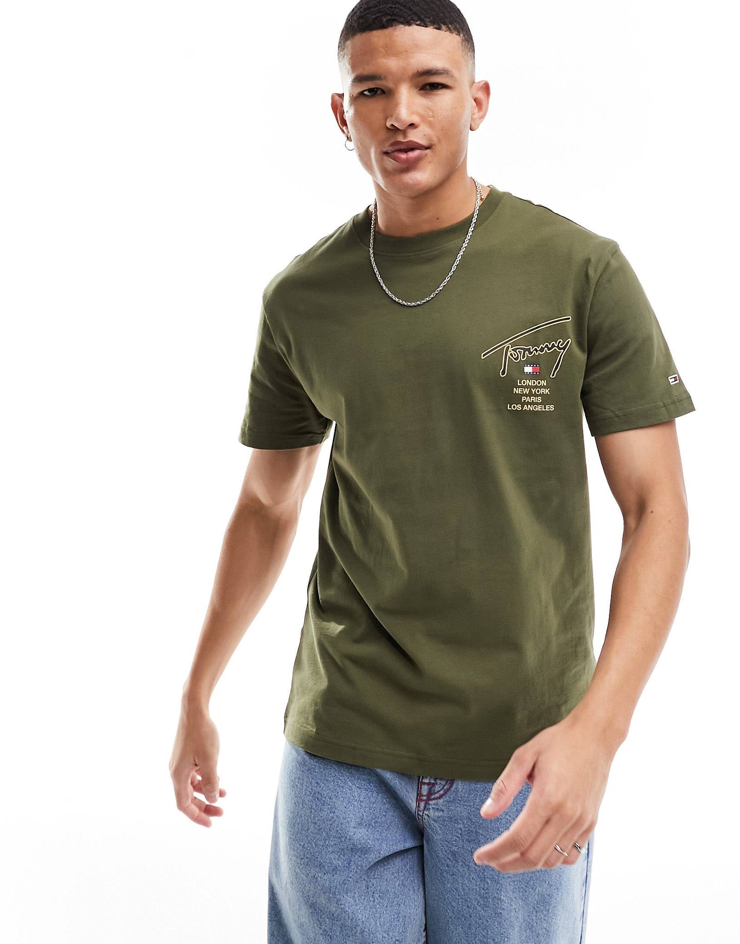 Tommy Jeans Original Men classic gold signature back logo unisex t-shirt in Olive