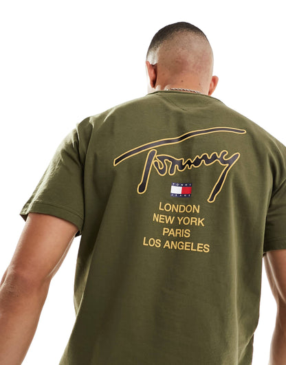 Tommy Jeans Original Men classic gold signature back logo unisex t-shirt in Olive