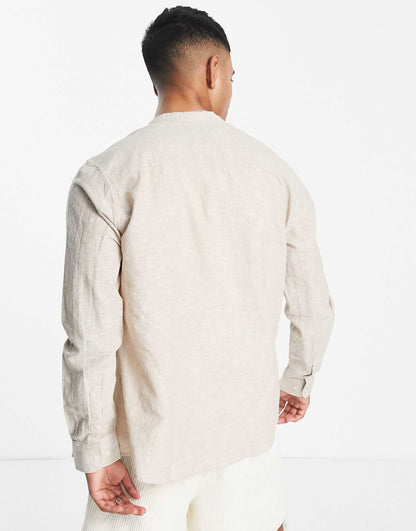 ONLY & SONS Original Men linen mix grandad collar shirt in Light Beige