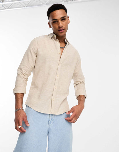 ONLY & SONS Original Men linen mix long sleeve shirt in Light Beige/