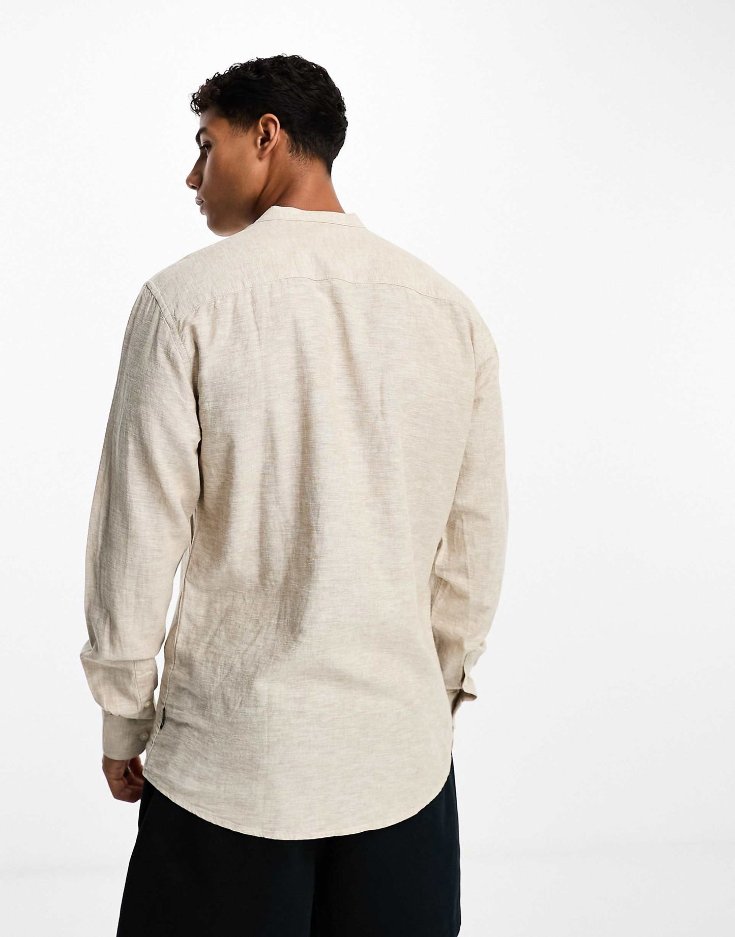 ONLY & SONS Original Men linen mix grandad collar shirt In Dark Beige