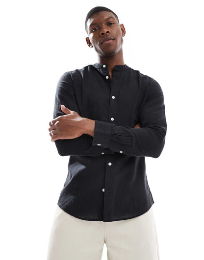 ONLY & SONS Original Men linen mix grandad collar shirt in Black