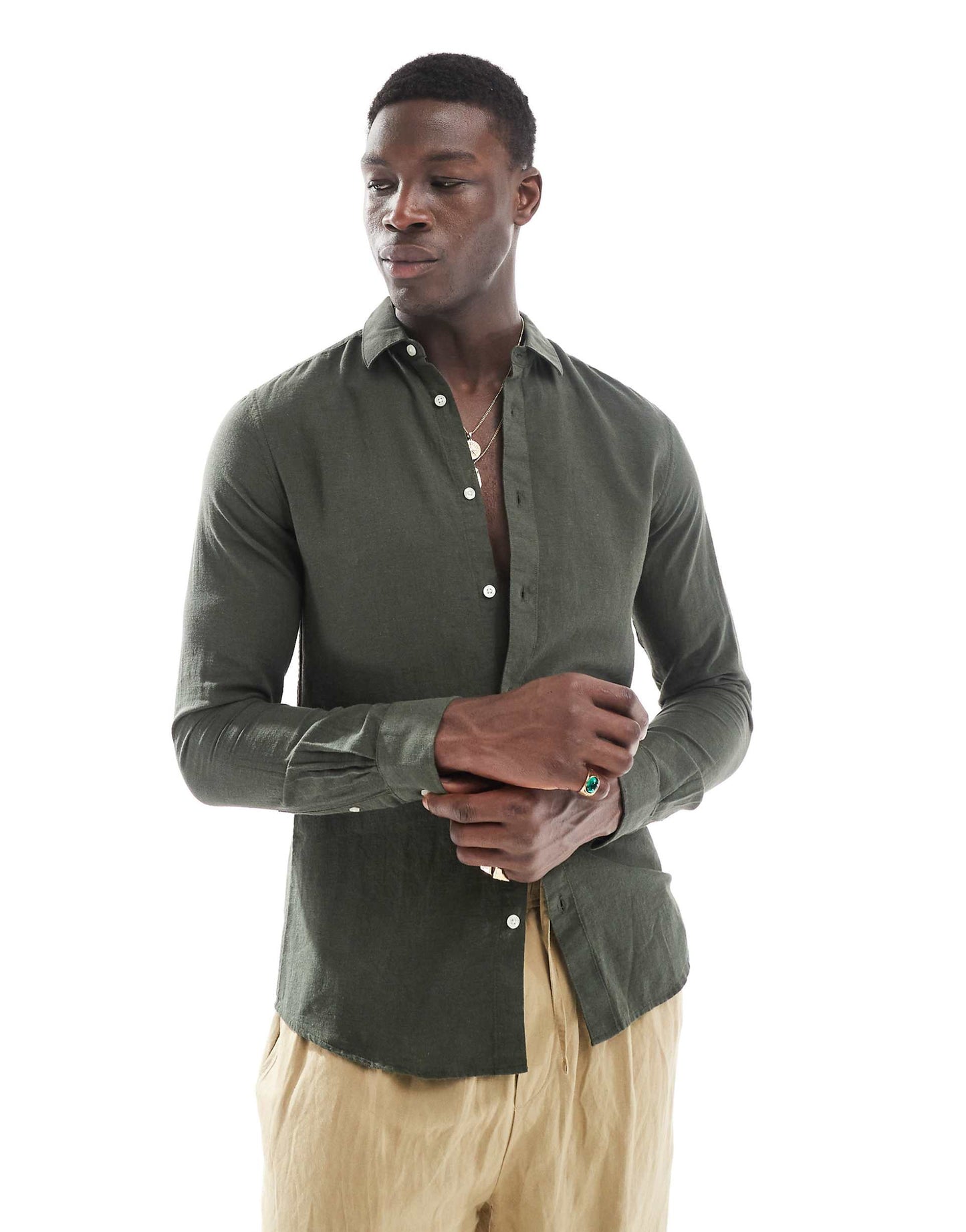 ONLY & SONS Original Men linen mix long sleeve shirt in dark green