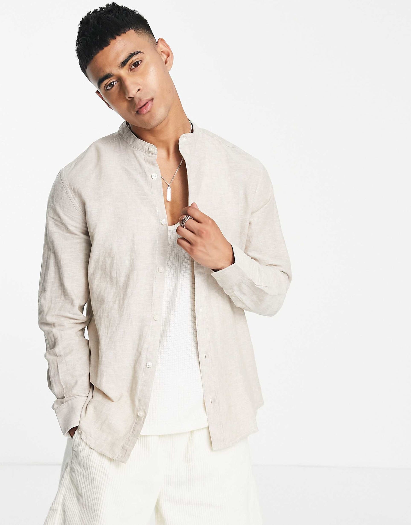 ONLY & SONS Original Men linen mix grandad collar shirt in Light Beige