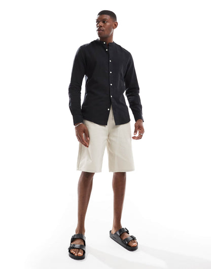 ONLY & SONS Original Men linen mix grandad collar shirt in Black